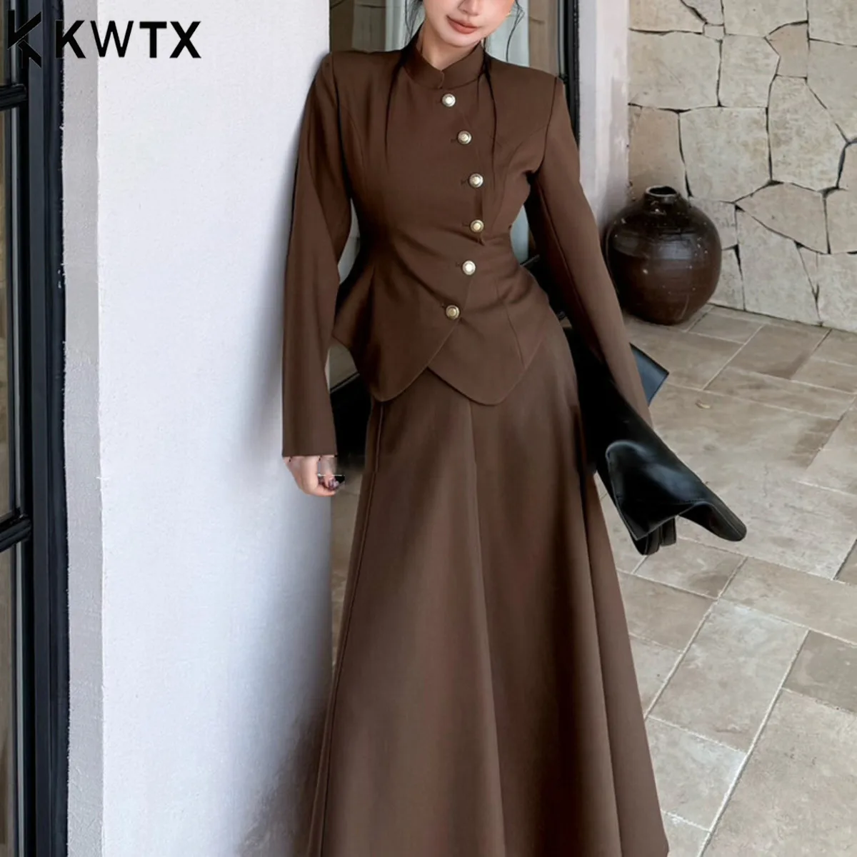 

KWTX 2025 Осенний элегантный блейзер с французской талией и пуговицами, костюм с юбкой, женский плащ, повседневный офисный женский шикарный осенний наряд