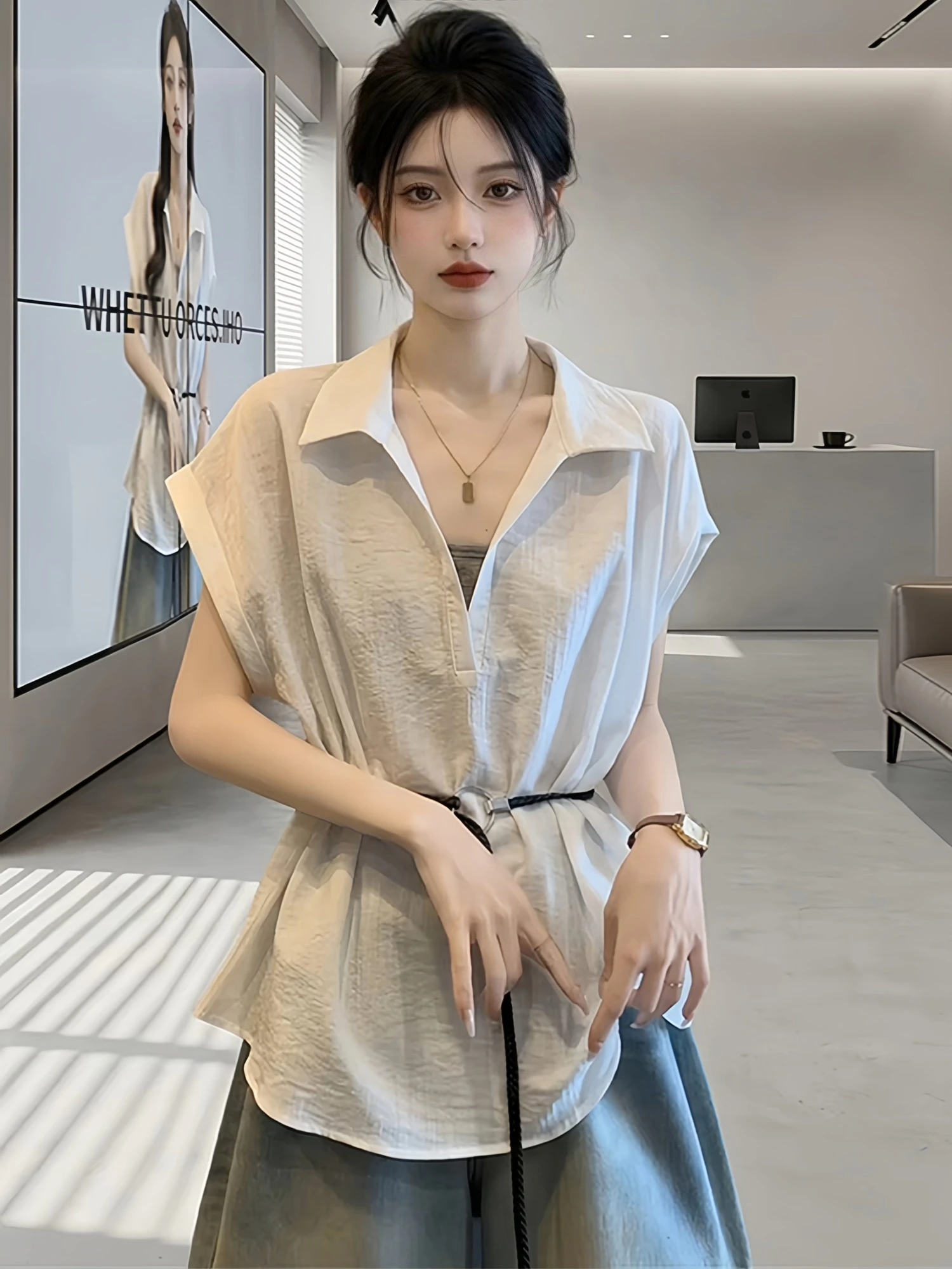 

V-Neck Short Sleeve Shirt Women's Casual Loose Fit Belted Waist Cinching Summer New Style plus Size Fashion Top