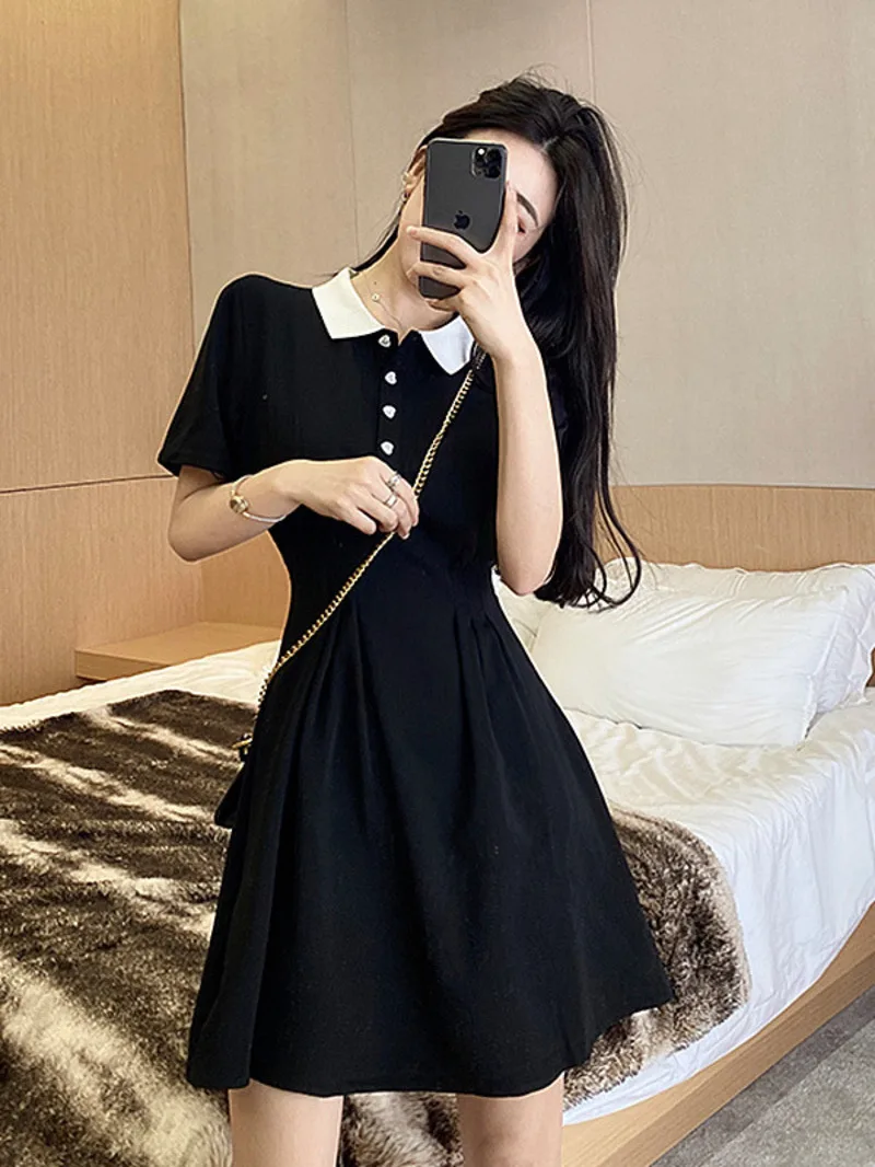 

Black Polo skirt dress for women with small stature summer skirt summer waist reduction and slimming effect new A-line set SLDN