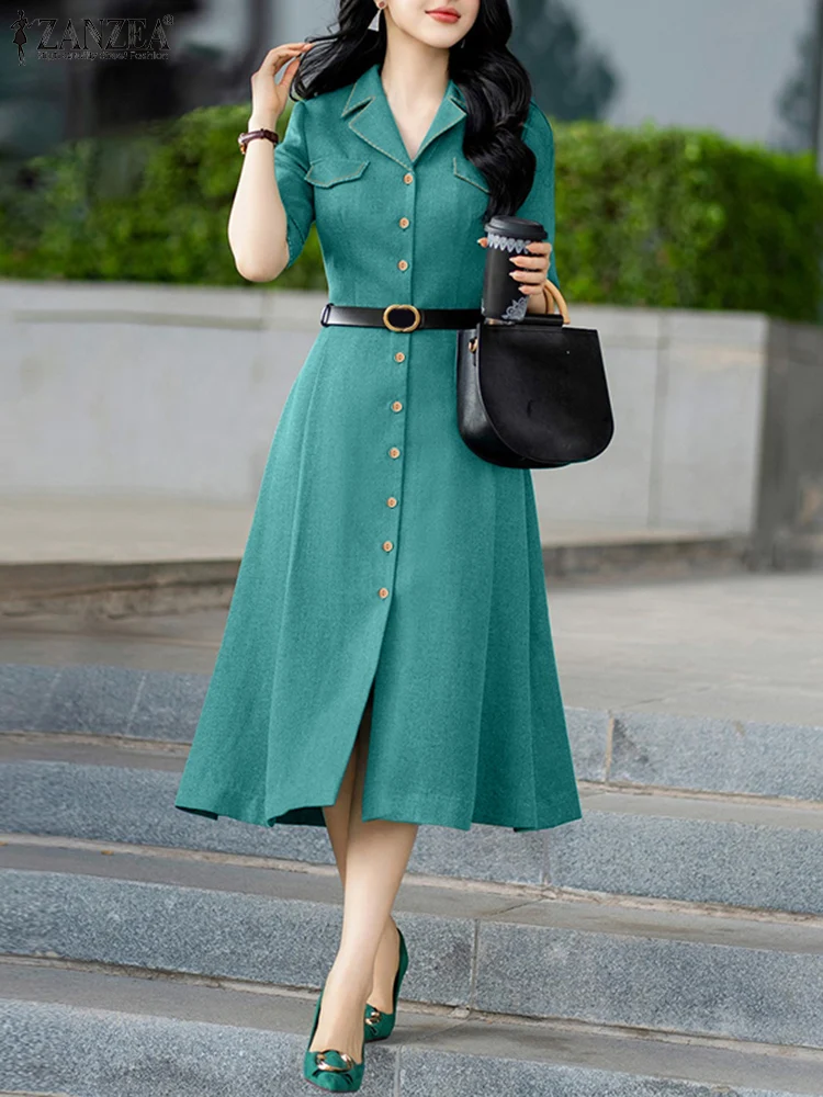 

ZANZEA Elegant Women Office Dresses Summer Buttons Up Suit Vestido 2025 Fashion Casual Half Sleeve Solid Party Robe Without Belt