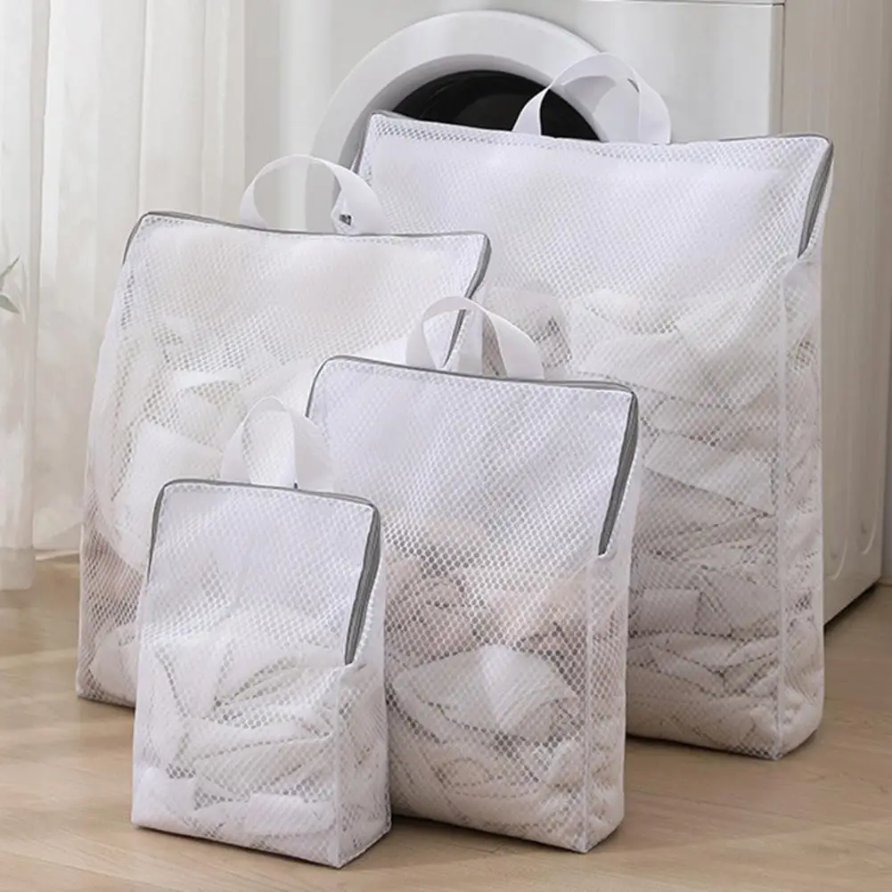 Mesh Washing Bag with Carrying Handle Large Capacity Foldable Zippered Underwear Clothes Mesh Laundry Bag Travel Garment Pouch