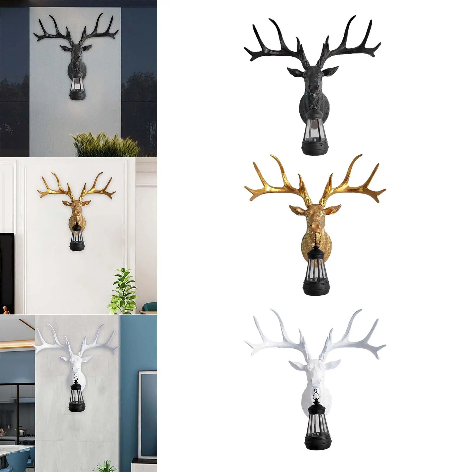 Deer Head Wall Lamp Resin Decorative Craft Realistic Animal Wall Art Deer Wall Sculpture for Garden Living Room Home Bar Decor