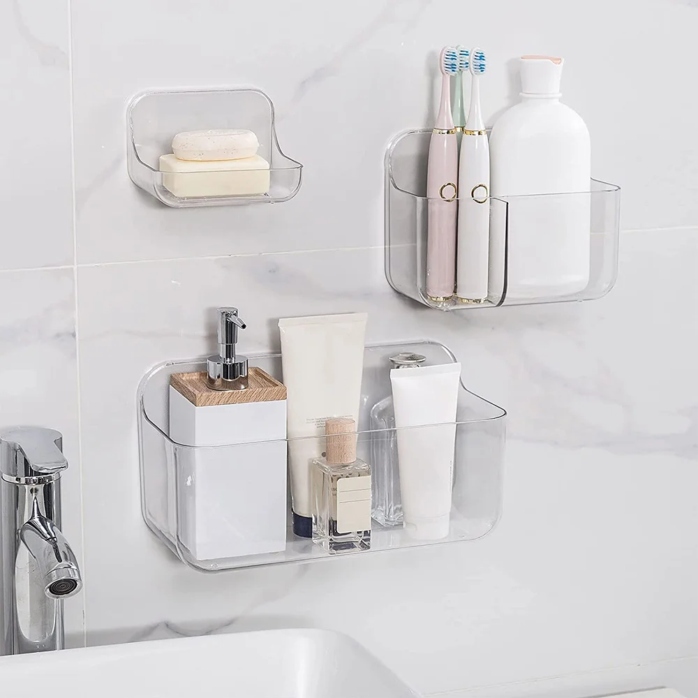 3 Pack Shower Holder, Soap Dish & Toothbrush Holder, Wall Mounted Plastic Shower Storage For Bathroom And Kitchen