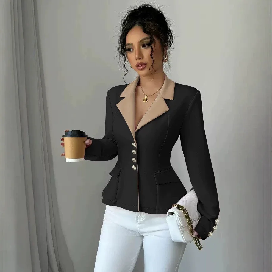 Color Block Blazer Women Contrast Notched Lapel Single Breasted Long Sleeve Black Beige Peplum Slim Fit Elegant Office Wear 2026