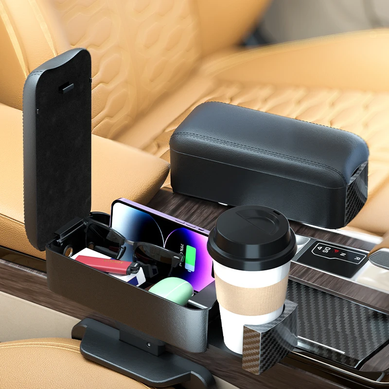 Car Center Console Armrest Dual Cup Holder USB Qi Wireless Charging Height Adjustable Auto Interior Accessories PU Leather​​