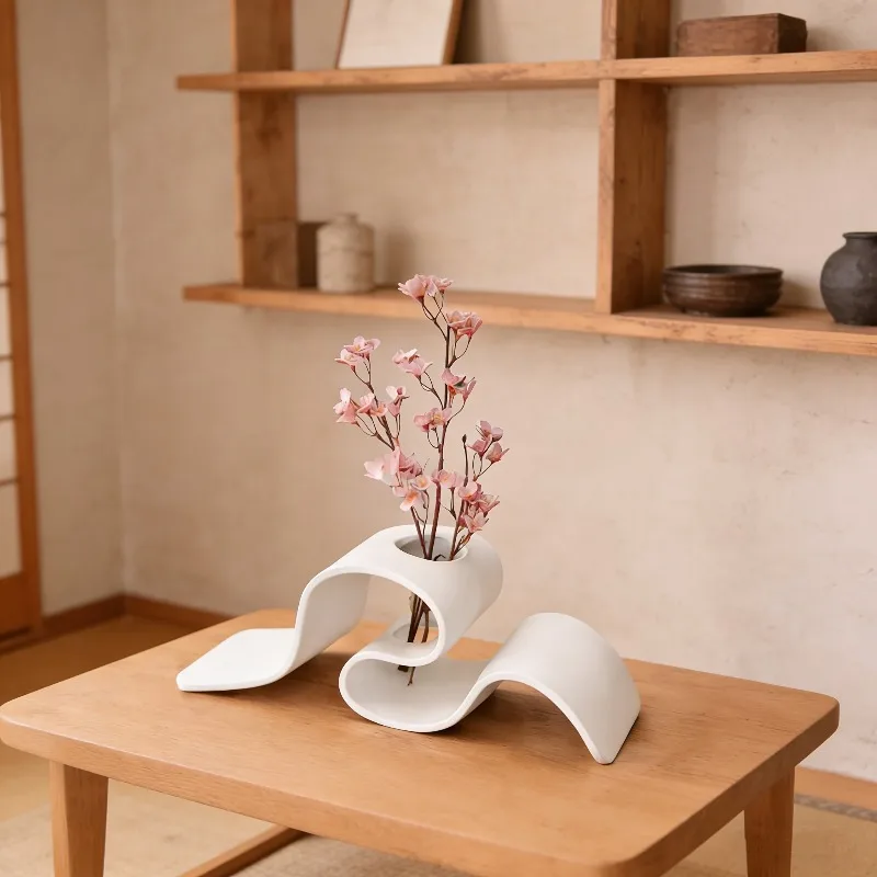 1pc Modern Minimalist Curved 3D Printed Vase Creative Ribbon-Shaped Dried Flower Holder Nordic Style Desktop Decorative Vessel