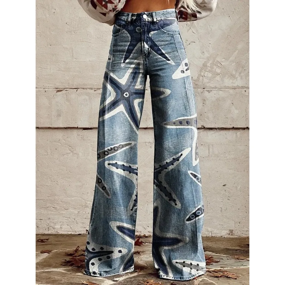 Y2K Ästhetik: Himmelblau-Sonnen-Mond-Stern-Print High-Waist Wide-Leg-Hose für Damen – Grunge Streetwear Lässige Loose-Fit-Hose Übergröße – Detail 3
