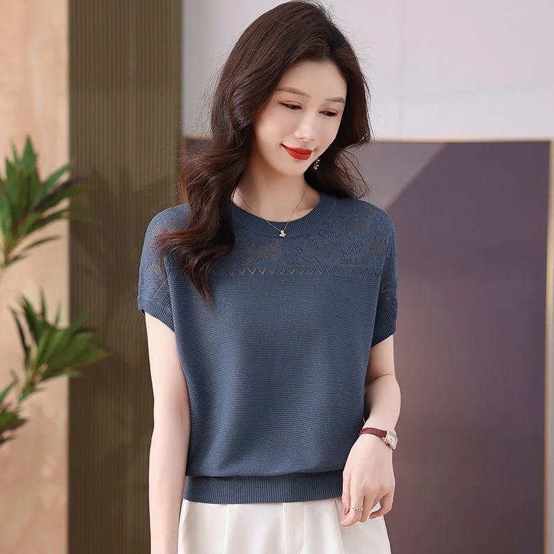 Hollow Crocheted Short-sleeved T-shirt Women’s Summer 2026 New Western Ice Silk Sweater Loose Slim Knitwear Ladies Pullover Top 4 Hollow Crocheted Short-sleeved T-shirt Women's Summer 2026 New Western Ice Silk Sweater Loose Slim Knitwear Ladies Pullover Top 4