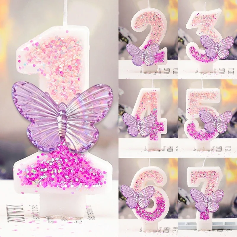 0-9 Number Birthday Candles Purple Butterfly Glitter Digital Candle Cake Topper Decorations for Birthday Wedding Party Supplies