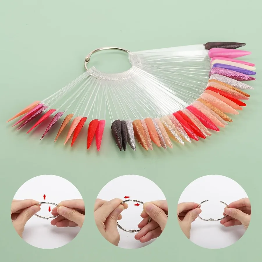 Bâtons d'échantillons d'ongles avec autocollants numériques, 150 pièces, pour affichage des couleurs, échantillons de vernis à ongles transparents en forme d'aiguilles avec anneau pour
