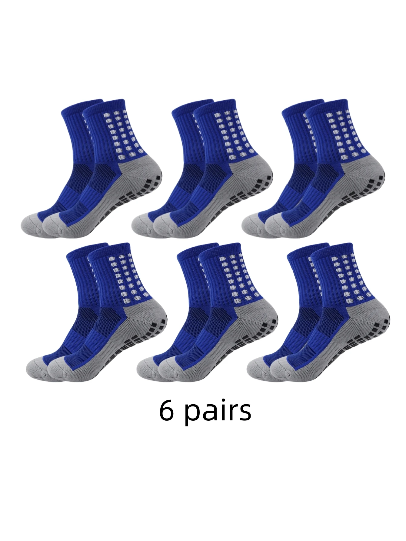 6 pairs of anti-skid classic gray football socks with adhesive points, breathable sports football socks