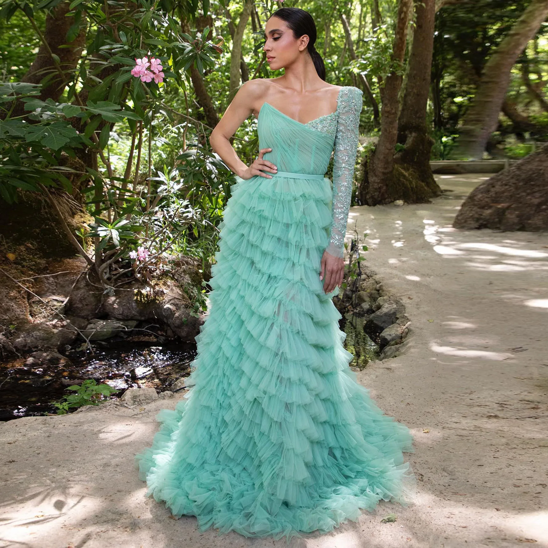 Elegant Mint Green Layered Tulle One Shoulder Long Women Maxi Gowns To Party Floral Lace Arabic Wedding Guest Dresses