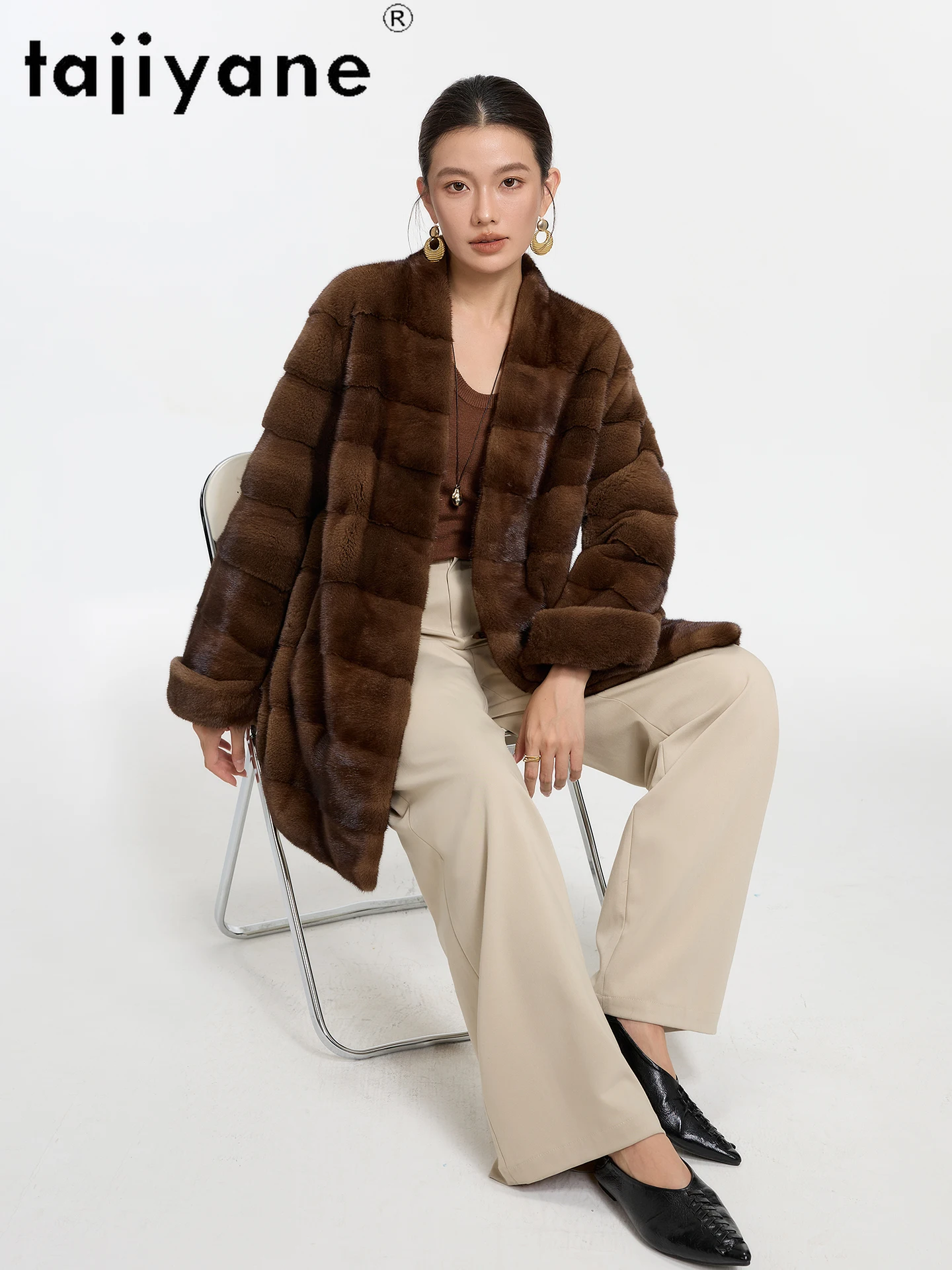 TAJIYANE, женская шуба из натурального норкового меха, роскошная меховая куртка средней длины, женская верхняя одежда высокого качества, зимняя женская одежда 2025 года шуба