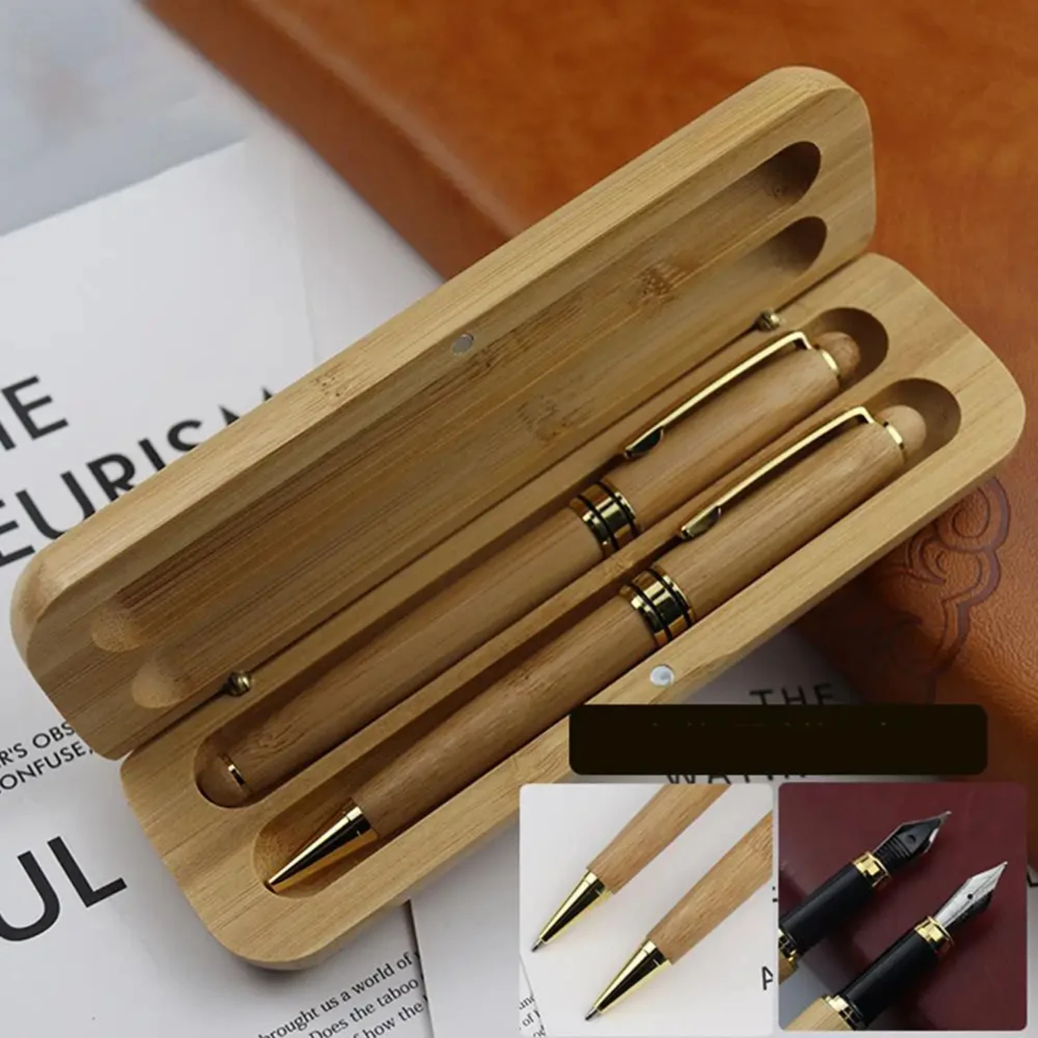 High Quality Bamboo Wood Handle Ballpoint Pen Fountain Pen With Bamboo Box Set Business Office School Student Writing Stationery