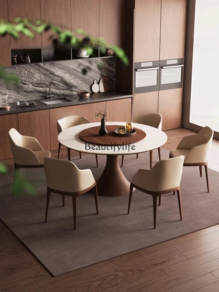 

Slate dining table round with turntable modern simple Italian high-end ash wood round table