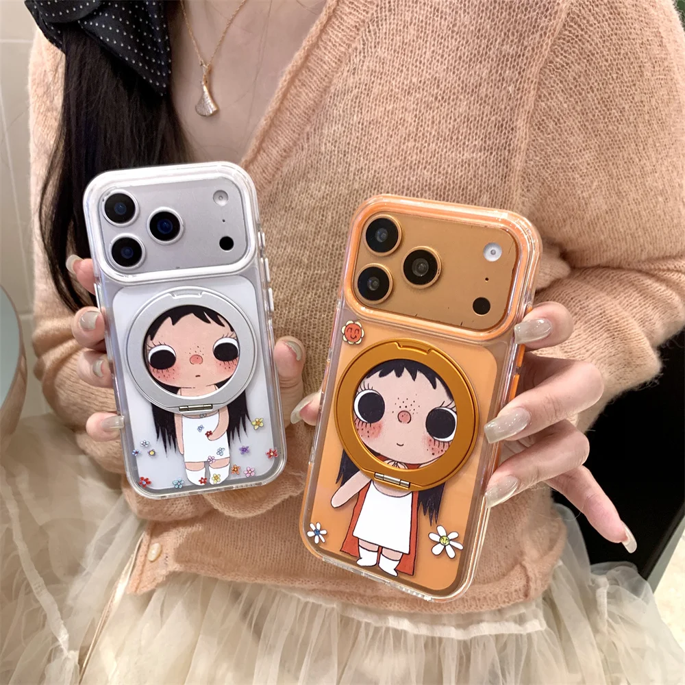 

Kawaii Cartoon Girl with 360 ° Stand Phone Case for iPhone 16 15 14 13 16 Pro 17 Pro Max Funda Ins Korea Cute Shockproof Cover
