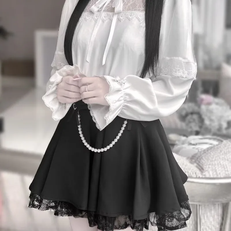 Darkly Series Lace Gothic Bow Shirt+Skirt Sets Spicy Girl Lolita Autumn New Japanese High Waist Skirt 2 Piece Set Women Colthes