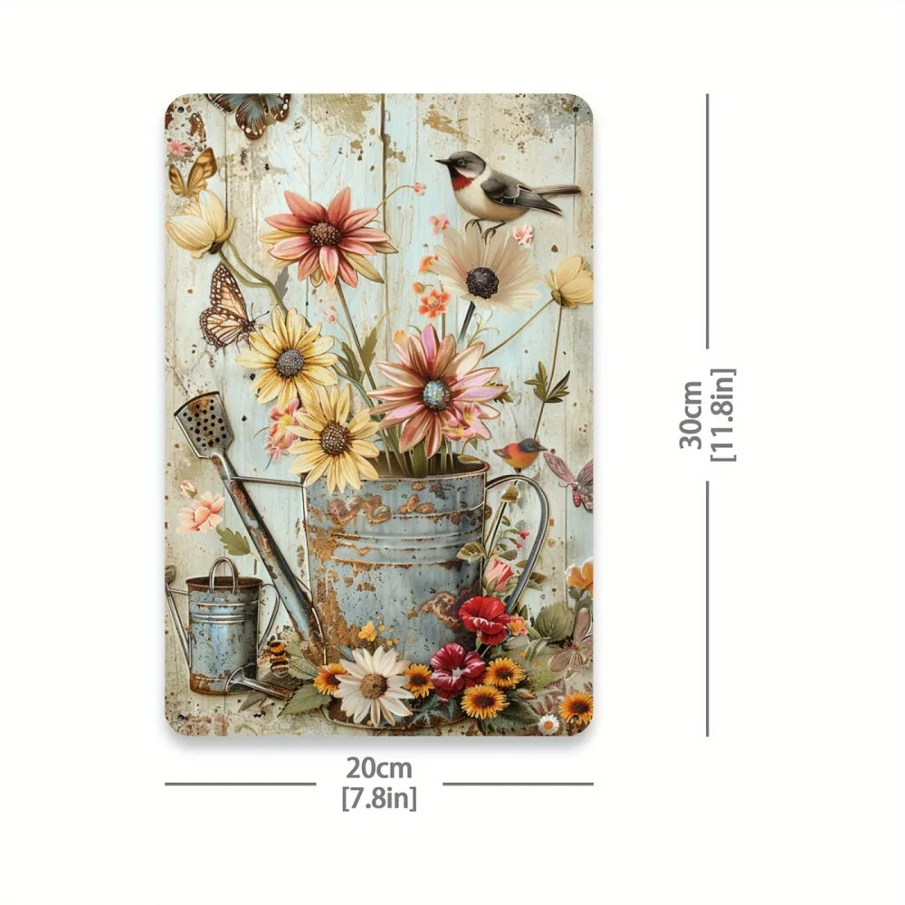 Vintage Garden in Iron Barrel Metal Sign, Mixed Color Rustic Tin Wall Art for Home & Cafe Decor, 8x12 Inch