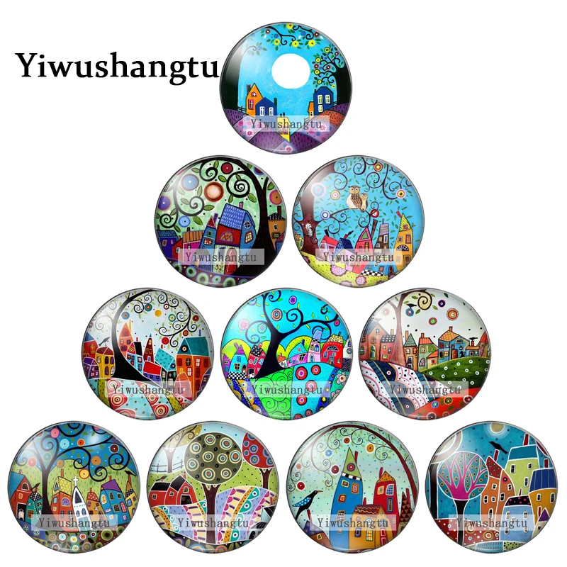 Colorful landscape country Tree House Oil Paintings 8mm/12mm/20mm/25mm Round photo glass cabochon demo flat back Making findings