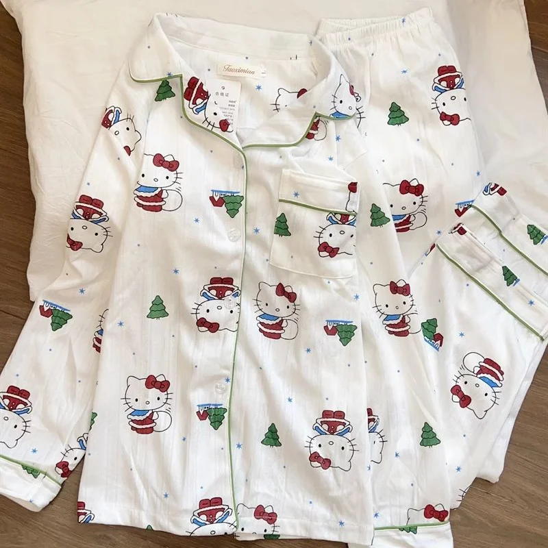 

Комплект женской пижамы Sanrio Hello Kitty: роскошная домашняя одежда для сна с длинным рукавом и брюками, весенняя пижама в стиле каваи с мультяшным принтом