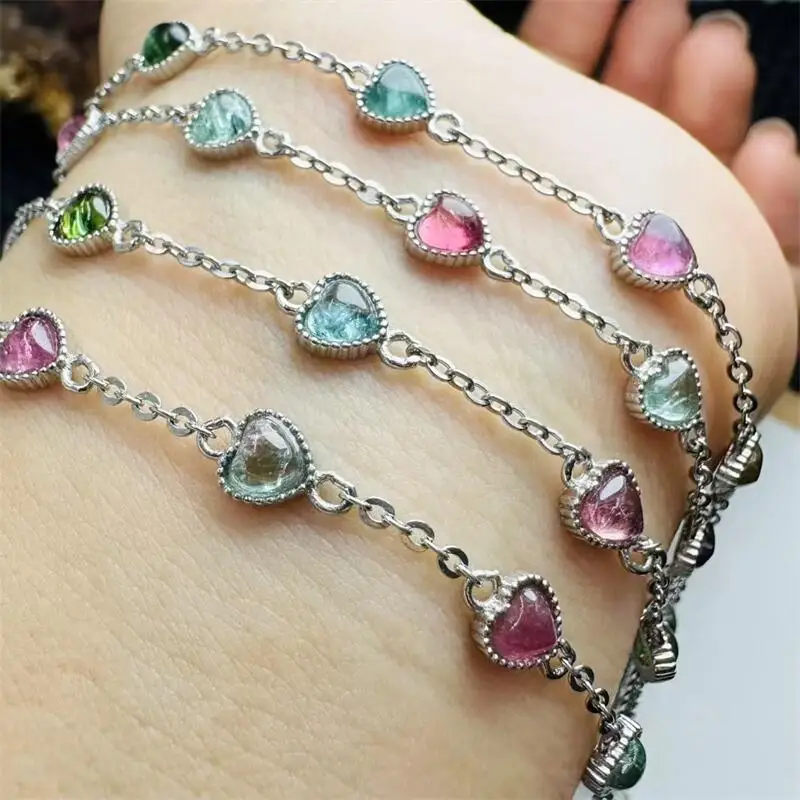 

S925 Natural Tourmaline Heart Bracelet Women Reiki Healing Strand Jewelry For Female Gift 1PCS