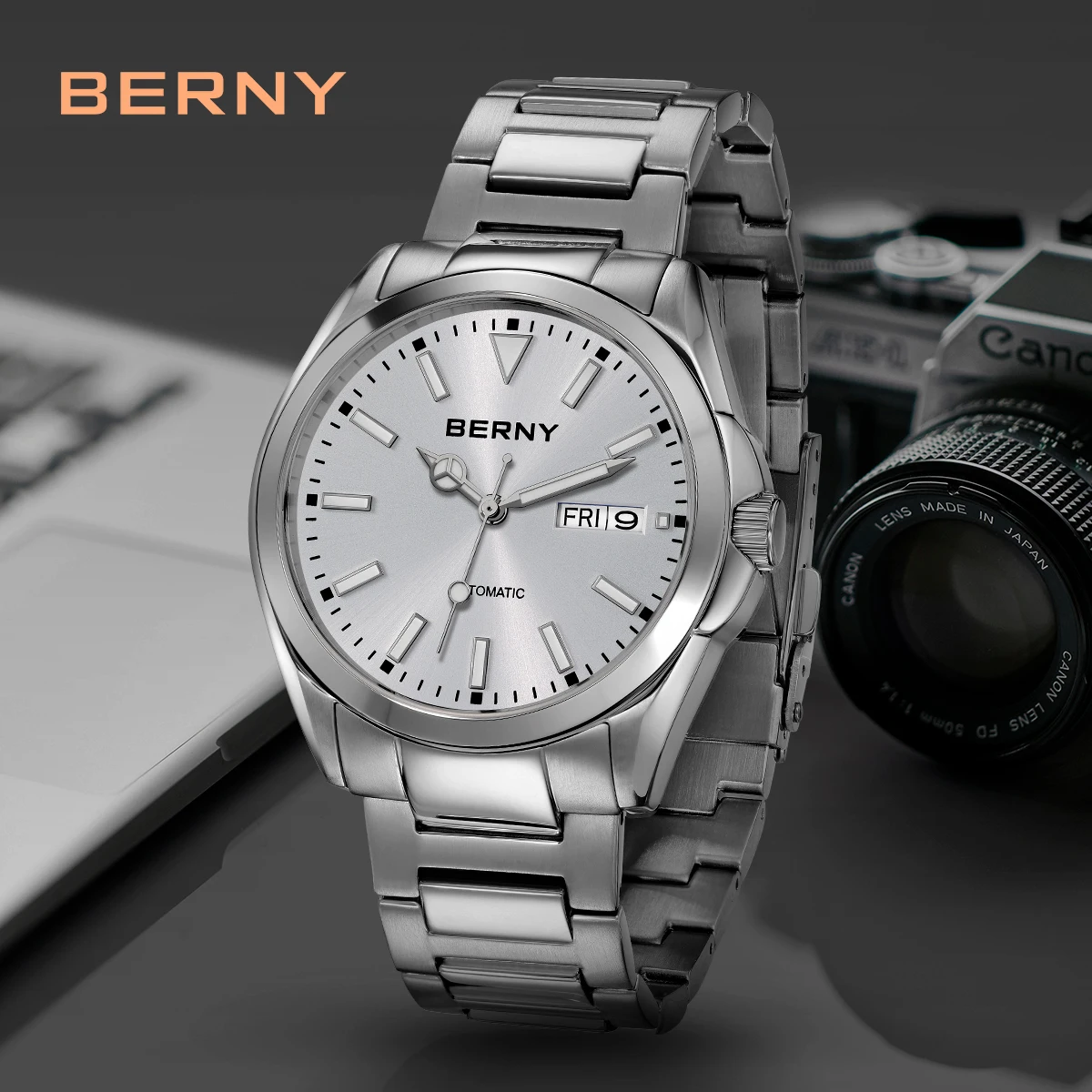 BERNY Automatikuhren für Herren, superleuchtend, Datum und Woche, mechanische Herrenuhr, komplett aus Edelstahl, Armbanduhr NH36, Saphir – Detail 12