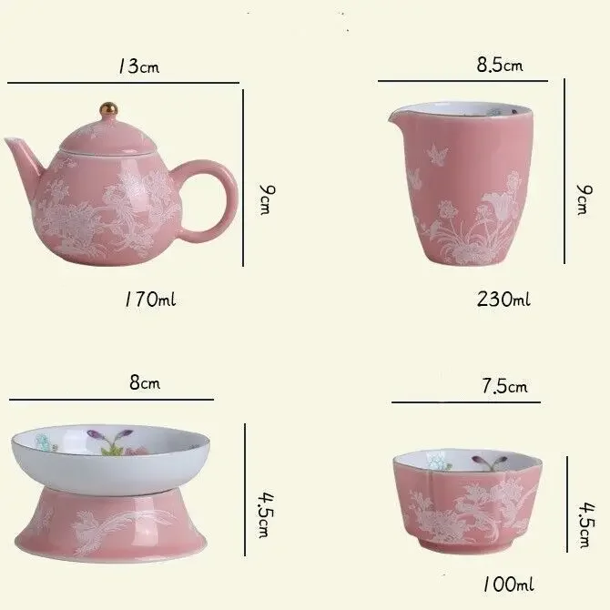 Chinese Tea Set Porcelain Tea Pot Floral Print Gaiwan Cup Pitcher Strainer New