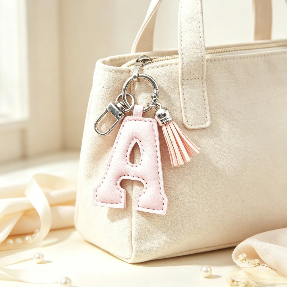 Modischer A-Z Initialen-Leder-Schlüsselanhänger mit Mini-Quasten-Dekor, Einfarbiger Alphabet-Schlüsselring, Rucksack-Ornament für Mädchen, Charm-Geschenk – Detail 2