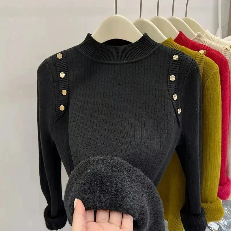 Autumn Winter Warm Sweater Pullover Women Slim Thicken Plush Velvet Lined Knitwear Jumper Korean Half Turtleneck Soft Knit Tops