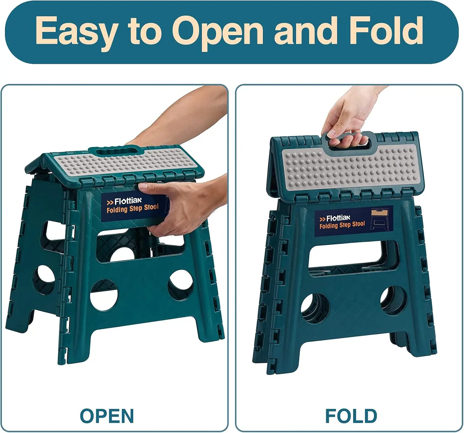 

Flottian 13"" Folding Step Stool For Adults And Kids Holds Up To 300 Lbs,Non-Slip Folding Stools With Handle, Compact Plastic