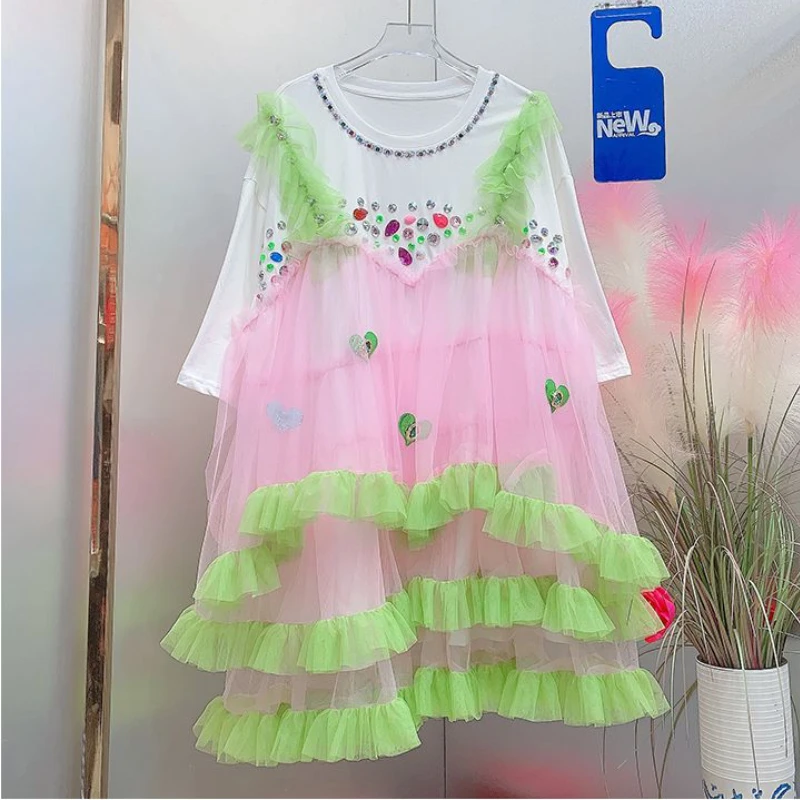 

Summer Contrast Color Diamonds Beaded Mesh Spliced Ruffles T-Shirts Dress Rhinestones Gauze Patchwork Pleated A-line Tees Dress