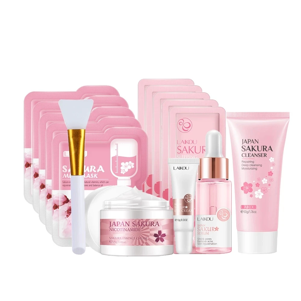 Mini Sakura Set Women Skin Care Set Cherry Blossom Essence Eye Cream & Face Serum & Facial Cleanser & Face Mask Makeup Set