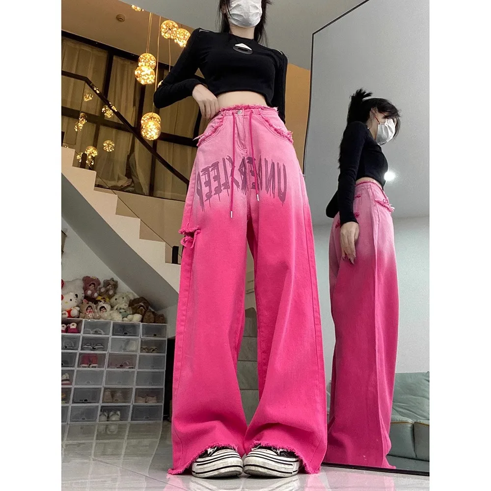 

Осень 202, розовые джинсы с высокой талией в стиле ретро, женские прямые широкие брюки с рваным подолом Y2K