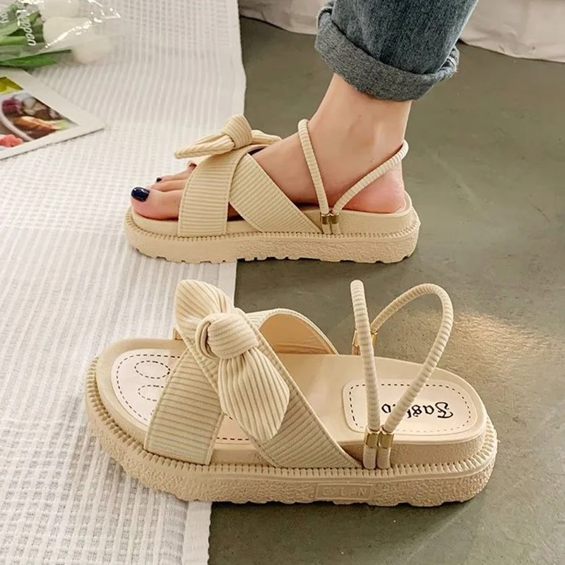 Fairy Style Lady Summer Slippers Thick Platform Flat Sandals with Butterfly-Knot Summer Flip Flops Sandals Women Shoes