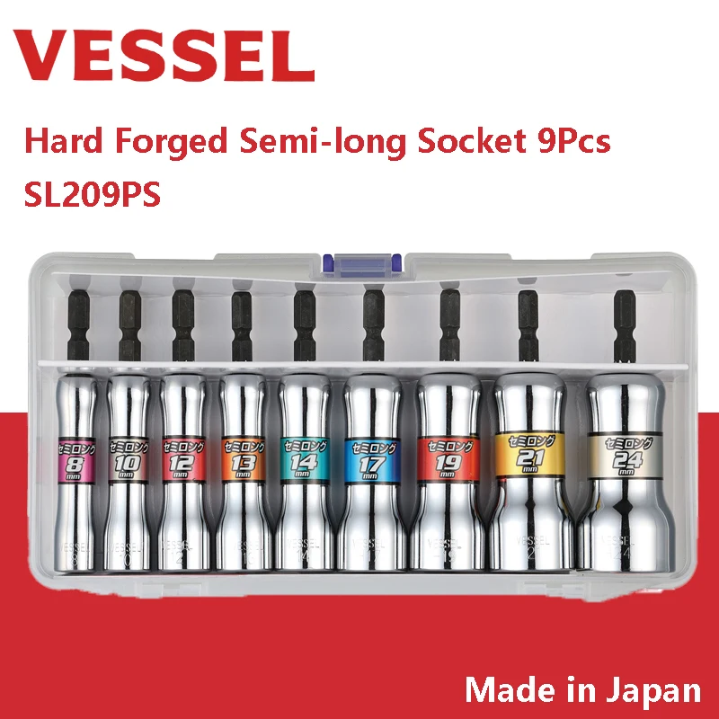 VESSEL SL209PS Hard Forged Semi-long Socket 9Pcs Anti-rust Impact Driver Bit Socket Hex Sleeve Nut Removal Tools Durable Sleeve