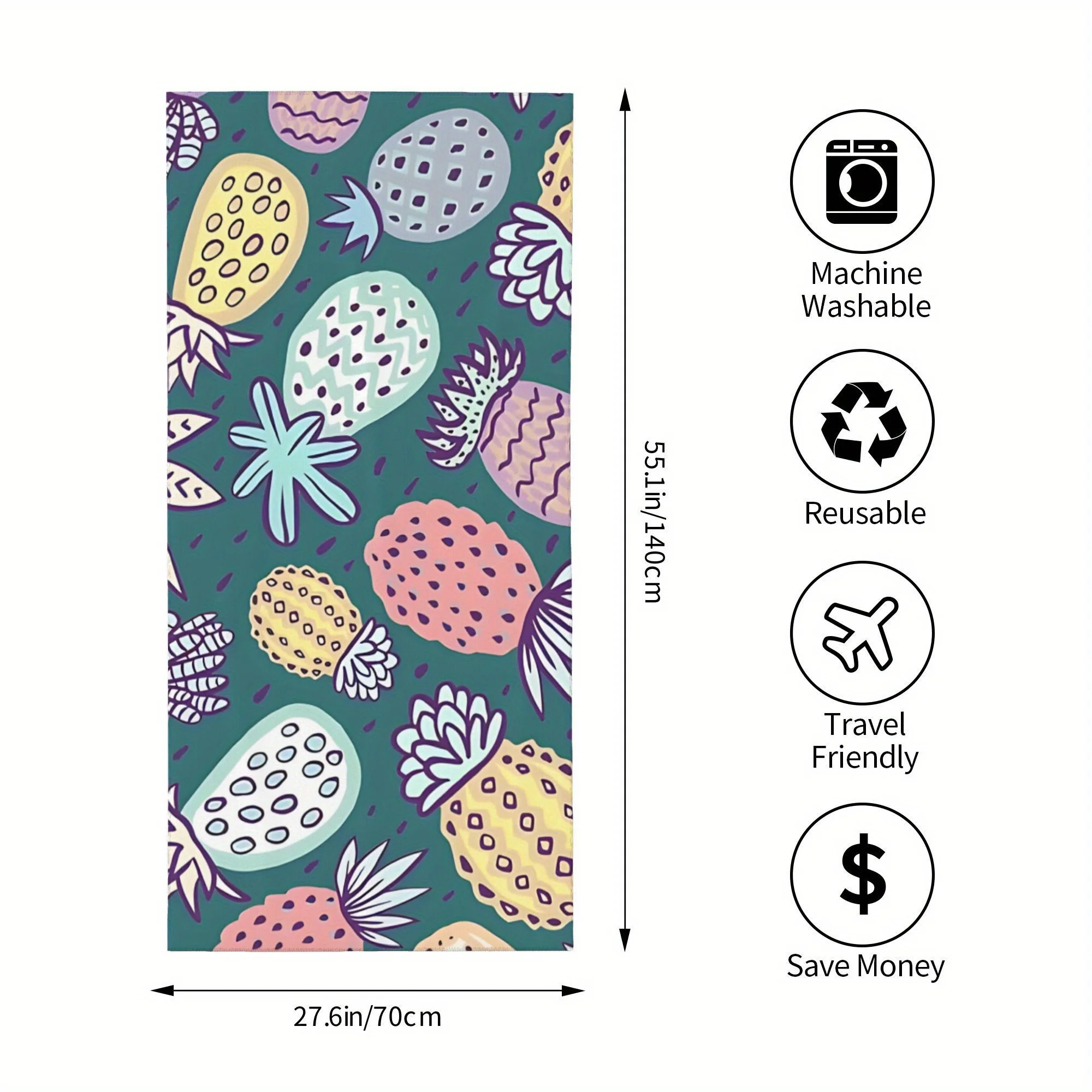 مناشف الشاطئ بنمط الأناناس والفواكه الاستوائية مناسبة للسفر في الصيف واستخدام الدش، وقابلة للغسل في الغسالة متعددة المقاسات #3