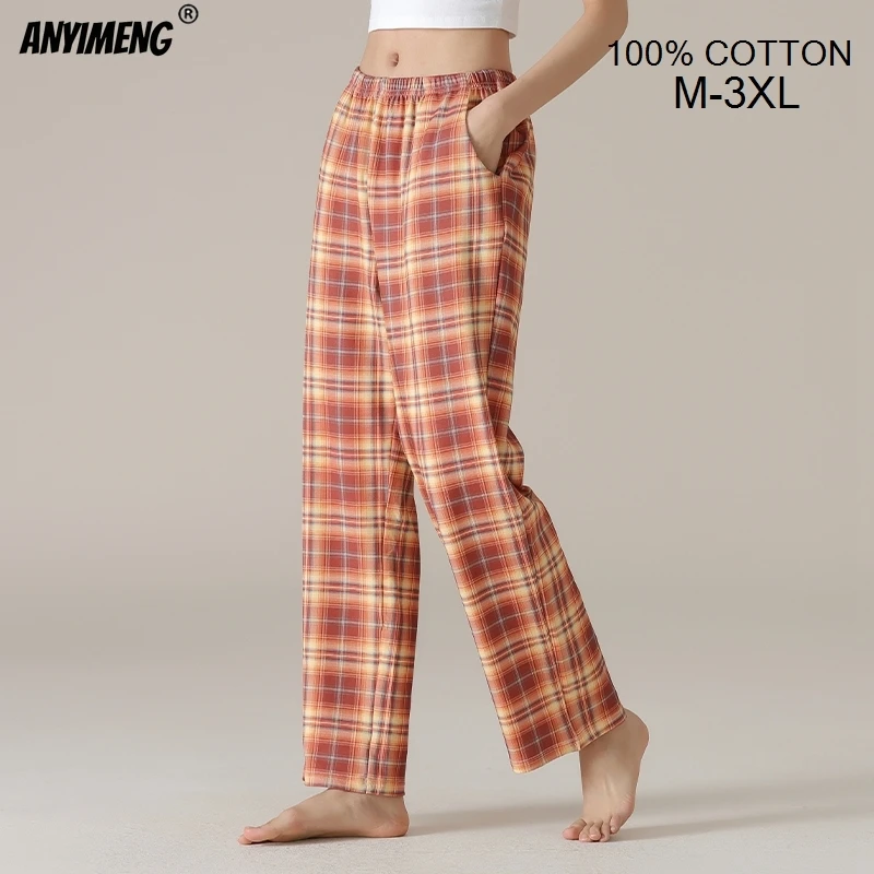 100% Cotton Women Bottoms Autumn Spring Full Pants Plaid Sleepwear Trousers Casual Chic Printing Nightwear M-3XL Woman Homewear