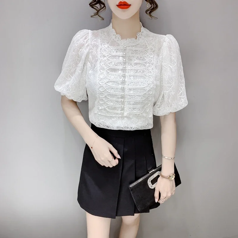 Vintage Puff Sleeve Ladies Tops Summer 2024 Fashion Short Sleeve Casual Blouses Korean Style Beading White Black Lace Shirts y2k