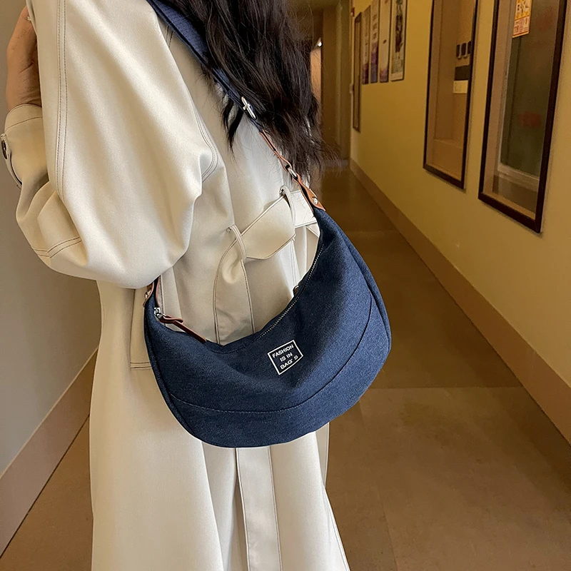 Half Moon shoulder bag for women canvas fashion female crossbody bag portable Girl messenger bag classic Solid color women purse