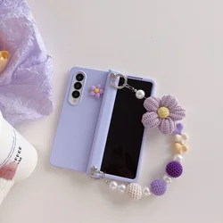 For Samsung Galaxy Z Fold 7 6 5 4 3 5G Fashion Cute Knitted Flower Bracelet Hand Chain Purple Hinge Full Protective Case Cover