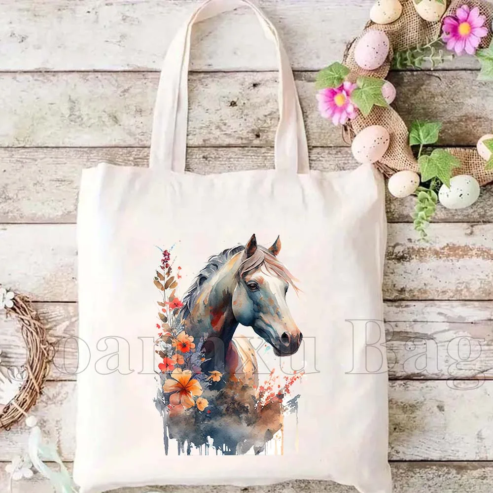 Dziki duch kwiatowy koń obraz olejny kobiety płócienna torba na ramię torebka Harajuku Eco Shopper bawełniane torby na zakupy wielokrotnego użytku