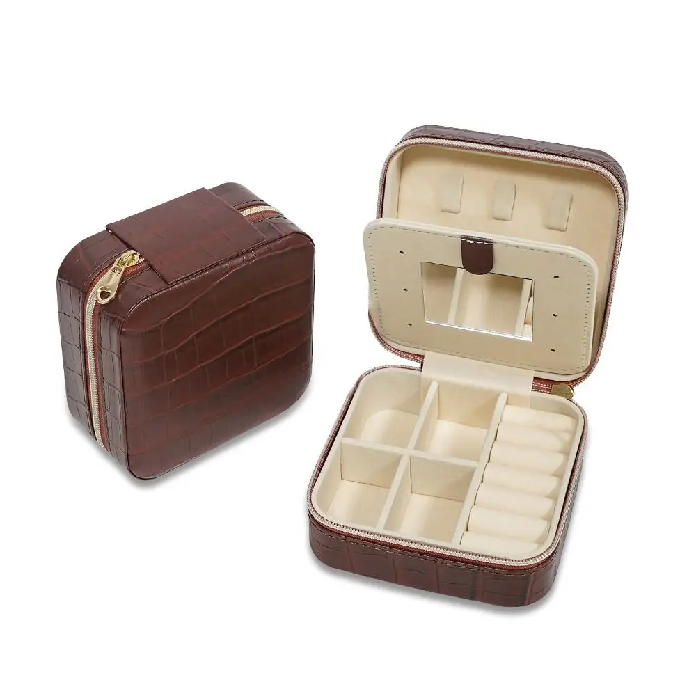 Portable vintage Jewelry Boxes PU Leather Square Earrings Storage Zipper Multi-function Ring Box home