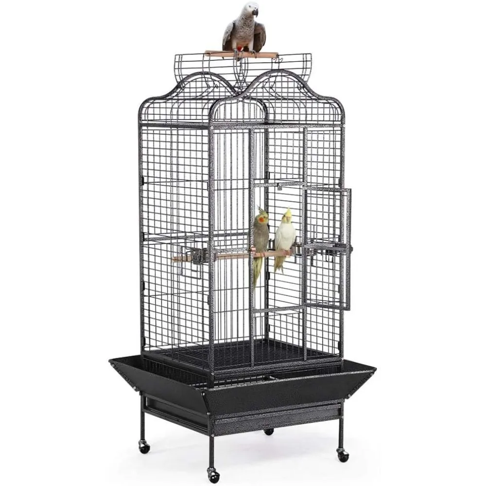 

63-Inch Large Rolling Wrought Iron Bird Cage with Open Top for Mini Macaws, African Greys, and Amazon Parrots