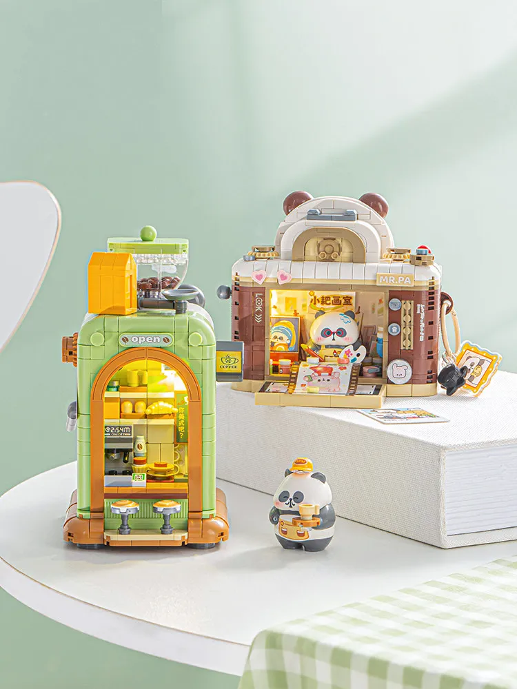 Loz Mr Pa Mini Action Figure Panda Home Appliance Model Coffee Machine Camera Ornament Diy Assembly Desktop Decor Gift