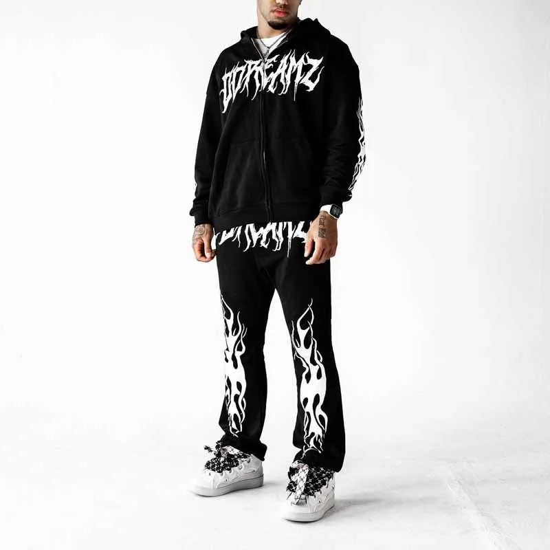 

Autumn And Winter New Men's Flame Print Y2k Jacket Casual Trousers High Street Suit Men