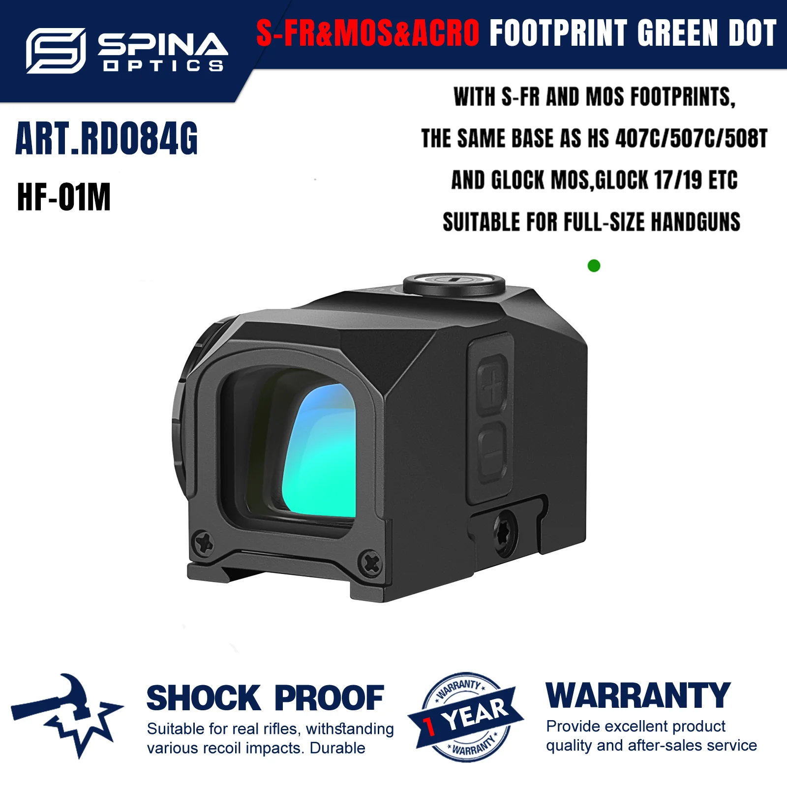 SPINA OPTICS HF-01G LED Green Dot Sight 3MOA Shake Awake with S-FR/MOS Footprint Plates Fit G17/19MOS HS 407C/507C/508C
