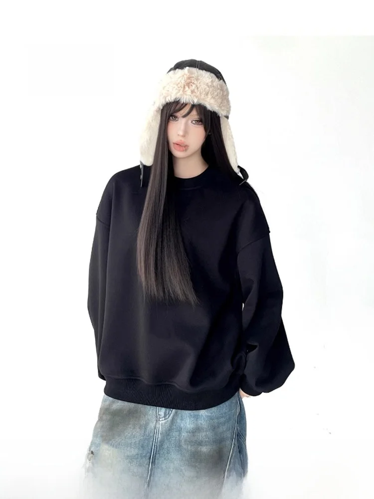 

New 2025 Women's Oversized Fce Lined Long Sve Hoodie Casual Thiened Sweatirt Korean Sle Simple Match All Seasons
