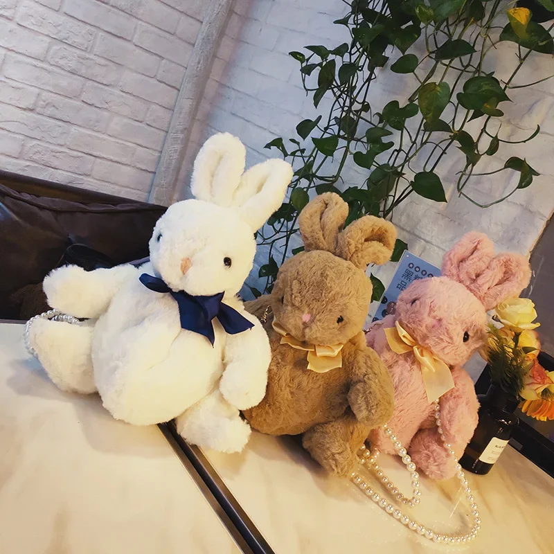 Kawai Meisje Konijntje Tas Lolita Zijden Strik Zacht Knuffel Pop Enkele Schouder Draagbare Parelketting Tas Kerstcadeau