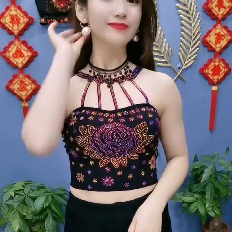 Diamond Inlaid Rose Collarbone Camisole Female Butterfly Summer New Style Sexy Back Bottoming Shirt Tank Top