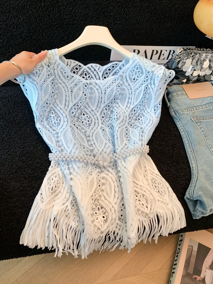 

Blue Gradient Hollow out Short Sleeve Women's Shirt Summer New Unique Beautiful Rhinestone Waist-Cinching round Neck Top